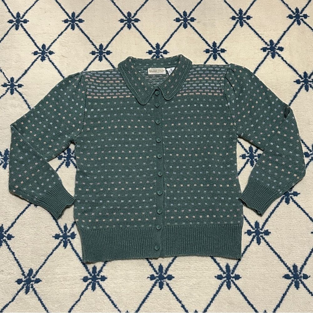 Vintage Grand Prix 80s Women's Green Polka Dot Puff Sleeve Button Up Cardigan